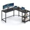 Skrivebord, L-formet hjørnebord, 138 x 138 x 76 cm, sort med trækorn