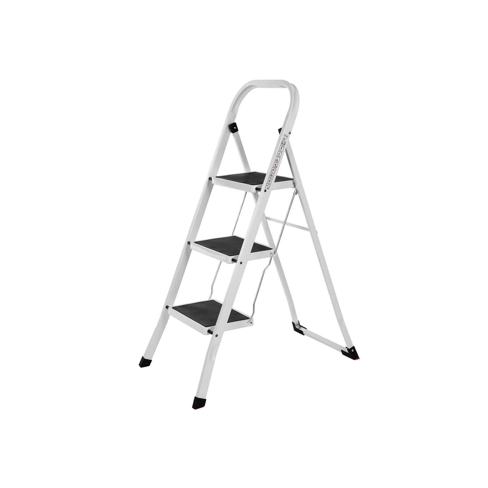 3-trins stige, kraftigt stål, foldbar, bærbar med anti-skrid måtte, bæreevne 150 kg 1 Foldbar stige med anti-skrid måtte og tre trin i stål.