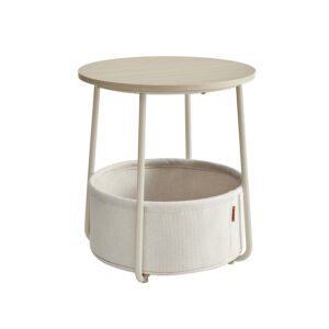 Moderne rundt sidebord med stofkurv og ladestation i cremehvid.
