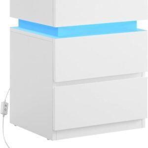 Hvidt sidebord med justerbar LED-lys og tre skuffer i moderne stil.