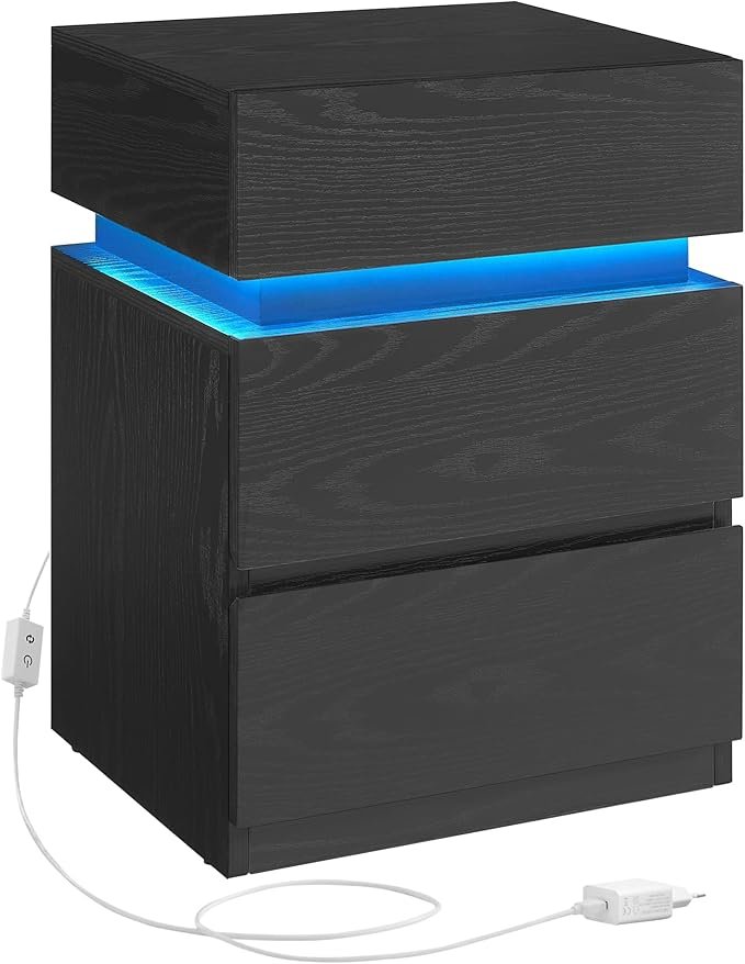 Sengebord med Led-belysning, Sidebord, Sengeskab, Sofabord, Sort med Trækorn 1 sengeskab