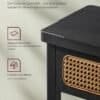 Konsolbord i sort med rattanfront og afrundede hjørner.