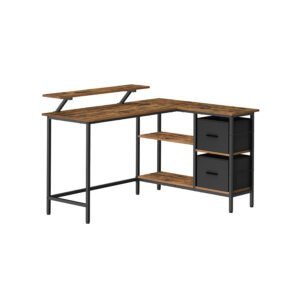 L-formet skrivebord med 2 skuffer og hylder, rustik brun finish.