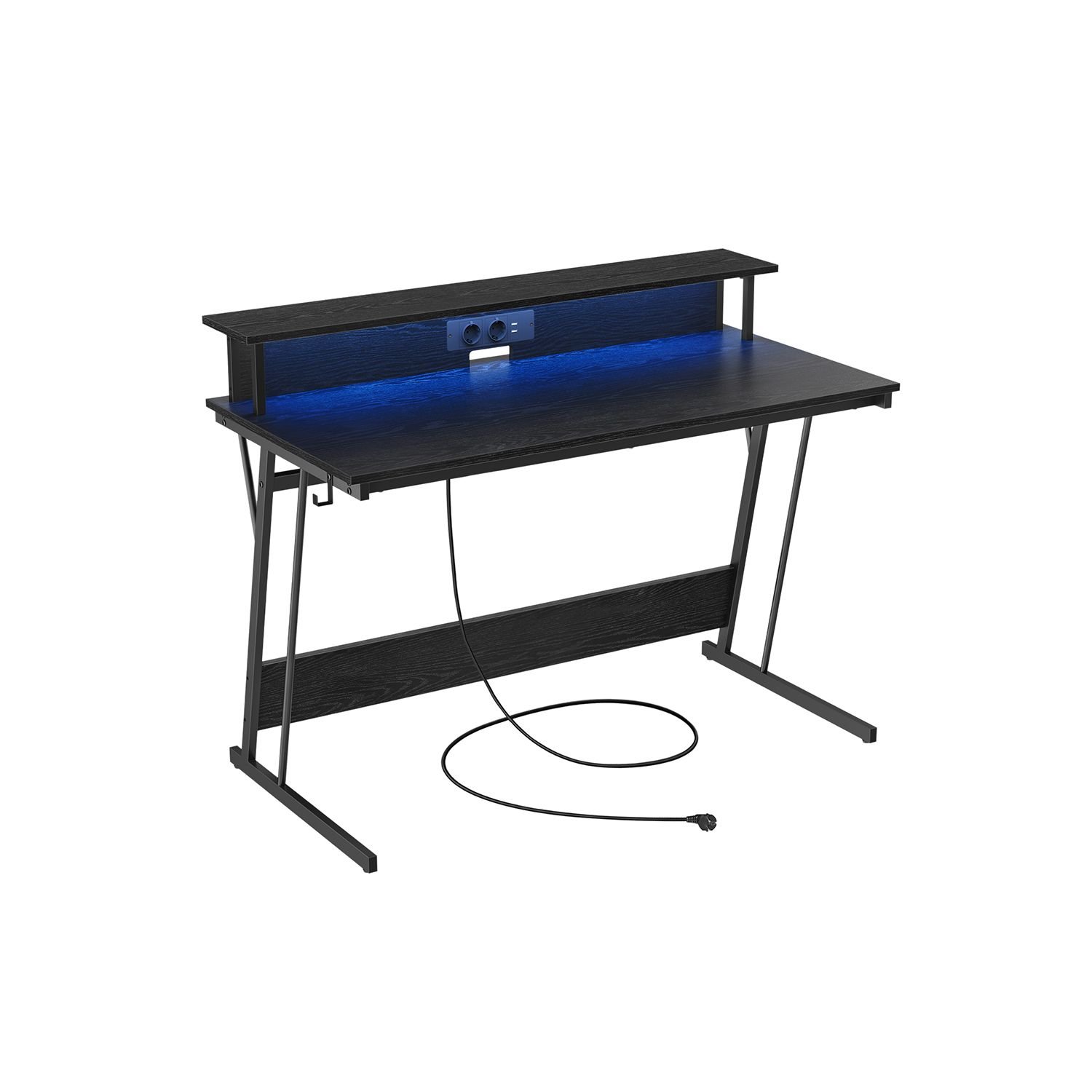 Spillebord med led, gamerbord, computerbord med skærmforhøjer, til 2 computere, klassisk sort 1 Spillebord med led, gamerbord, computerbord med skærmforhøjer, til 2 computere, klassisk sort