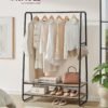 Tøjbøjle, garderobe med 2 hylder, 6 S-formede kroge, stålramme, turkisbrun og matsort - Billede 2