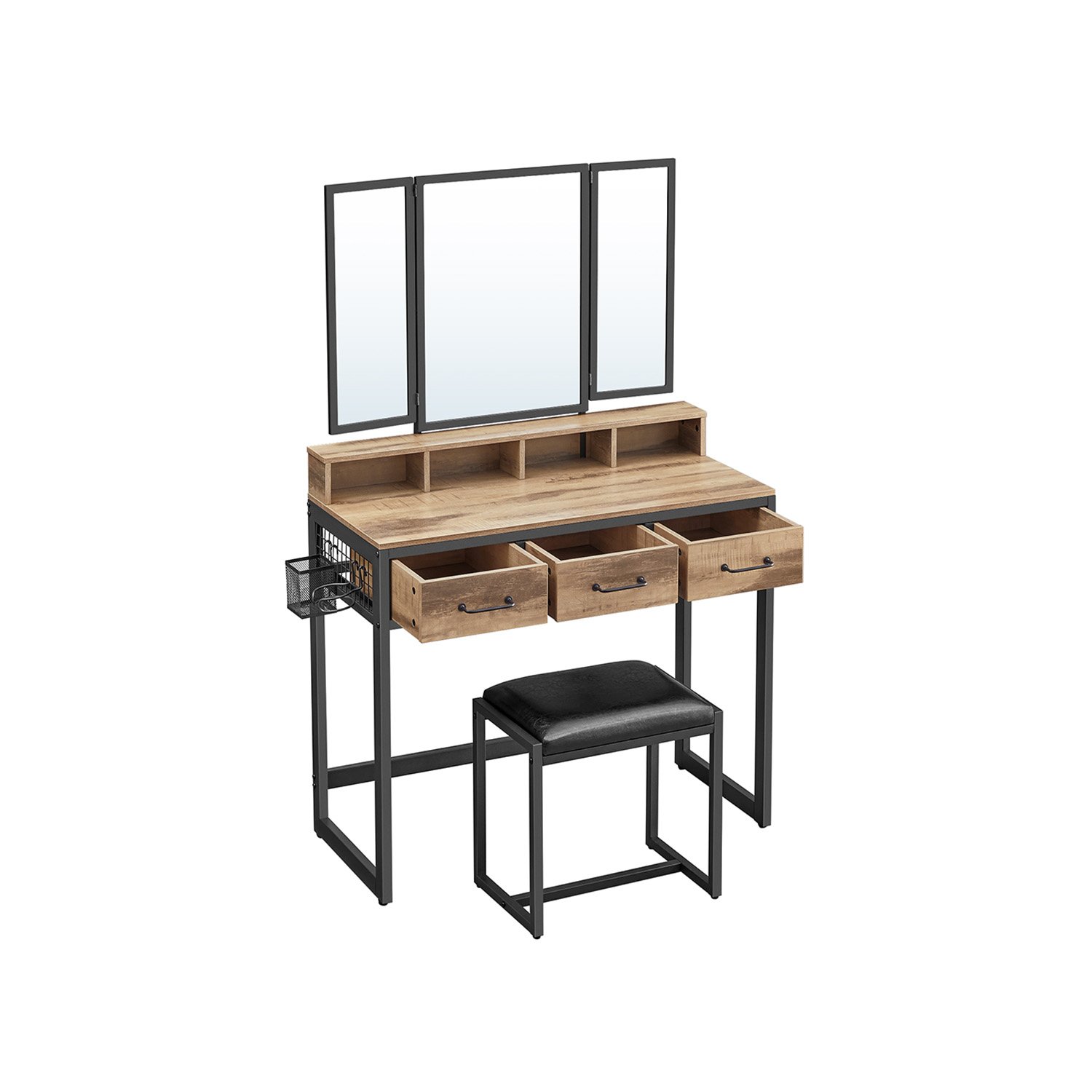 Vaskebord med polstret skammel, tredobbelt spejl, kosmetikbord, industriel stil, eg brun/sort 1 Vaskebord med polstret skammel, tredobbelt spejl, kosmetikbord, industriel stil, eg brun/sort