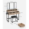 Vaskebord med polstret skammel, tredobbelt spejl, kosmetikbord, industriel stil, eg brun/sort - Billede 6