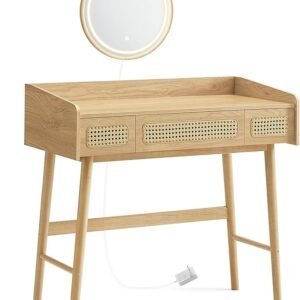 Toiletbord med spejl, lys, 3 skuffer i boheme stil, eg beige.
