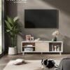 Værktøjsfri montering TV-bord for 60' TV, TV-skab til stue, riflet glas, Cloud White og Naturbeige - Billede 2
