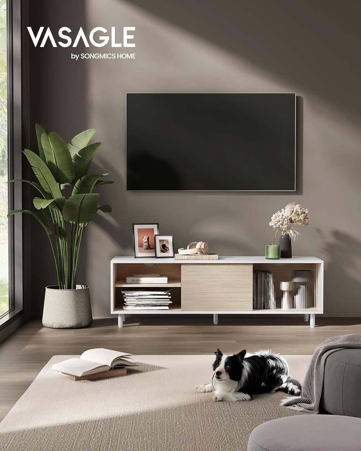 Værktøjsfri montering TV-bord for 60' TV, TV-skab til stue, riflet glas, Cloud White og Naturbeige 2 Værktøjsfri montering TV-bord for 60' TV, TV-skab til stue, riflet glas, Cloud White og Naturbeige - Billede 2