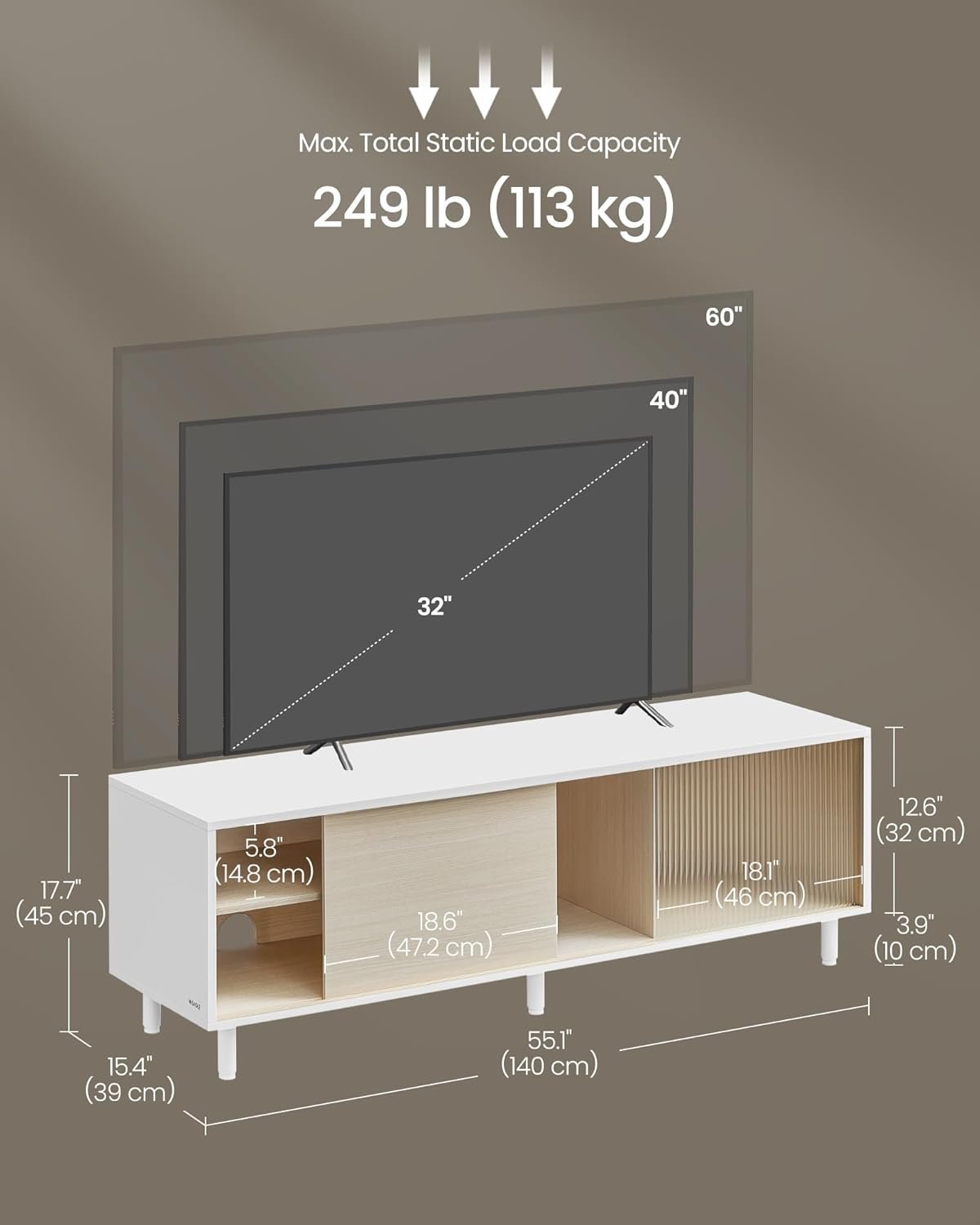 Værktøjsfri montering TV-bord for 60' TV, TV-skab til stue, riflet glas, Cloud White og Naturbeige 6 Værktøjsfri montering TV-bord for 60' TV, TV-skab til stue, riflet glas, Cloud White og Naturbeige - Billede 6