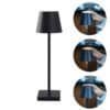 Trådløs sort bordlampe med dæmpbar funktion og touchkontrol.