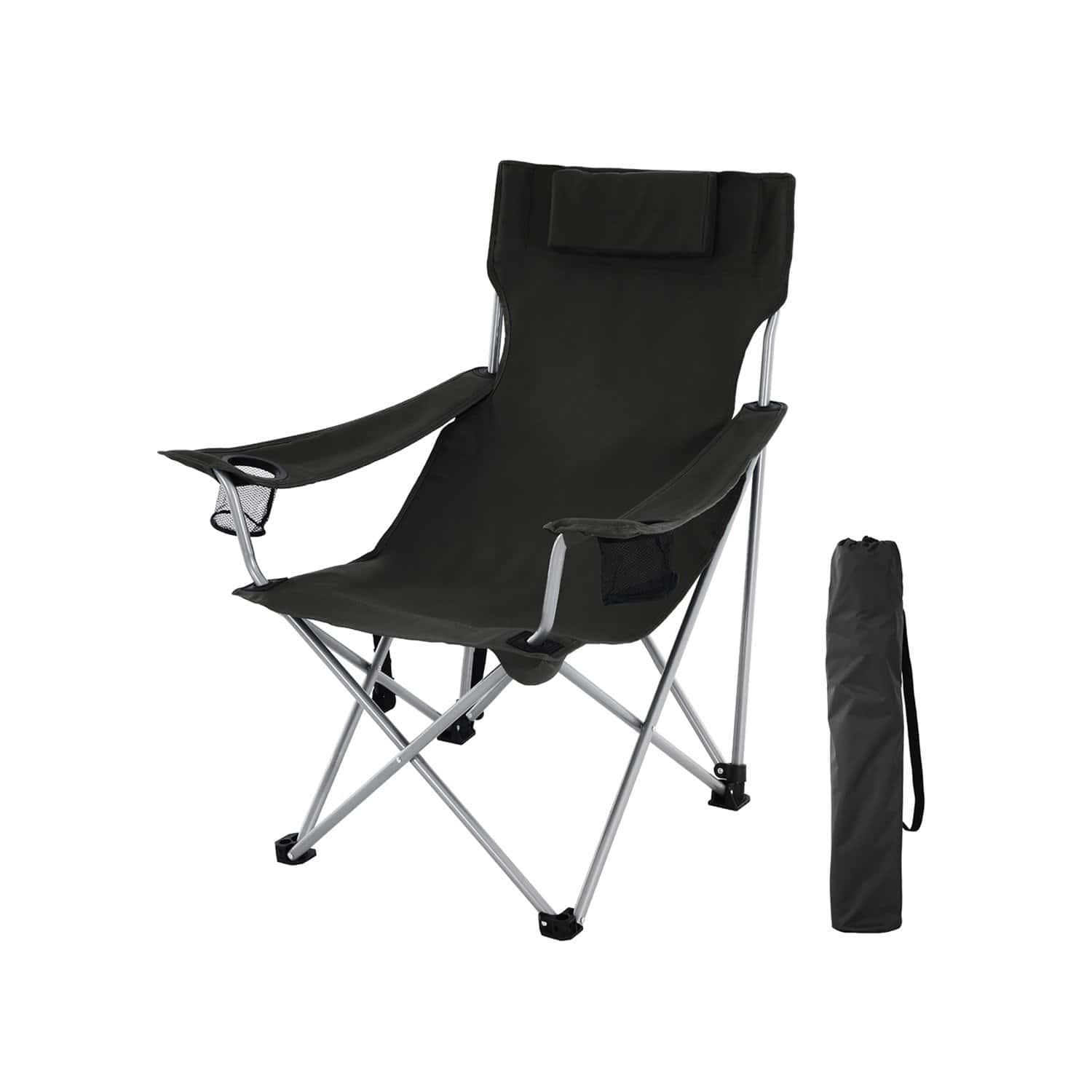 Sort foldbar campingstol med armlæn, nakkestøtte og bærestrop.