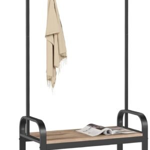 VASAGLE Coat Rack, Coat Stand with Shoe Storage Bench, 4-in-1 Design, with 9 Removable Hooks, a Clothes Rail, for Hallway, Entrance, 34 x 72 x 183 cm, Industrial, Camel Brown and Ink Black HSR040K02