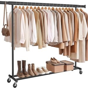 SONGMICS Clothes Rack on Wheels, Heavy Duty Clothes Rack, Extendable Clothes Rail, Maximum Load 150 kg, Easy Assembly, Portable, Black HSR175B01