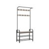 VASAGLE HSR400B02 Coat Stand, Shoe Rack with Seat, Clothes Rack with 9 Removable Hooks, Bench, 2 Grid Shelves, 183 cm High, Industrial Design, Greige Black