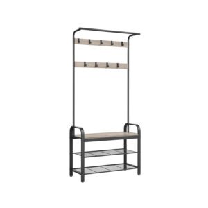 VASAGLE HSR400B02 Coat Stand, Shoe Rack with Seat, Clothes Rack with 9 Removable Hooks, Bench, 2 Grid Shelves, 183 cm High, Industrial Design, Greige Black