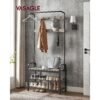 VASAGLE HSR400B02 Coat Stand, Shoe Rack with Seat, Clothes Rack with 9 Removable Hooks, Bench, 2 Grid Shelves, 183 cm High, Industrial Design, Greige Black - Billede 3