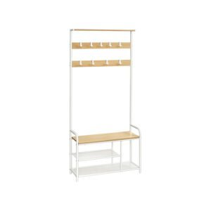 Moderne garderobe med 9 kroge og hylder i hvid og egfarvet træ.
