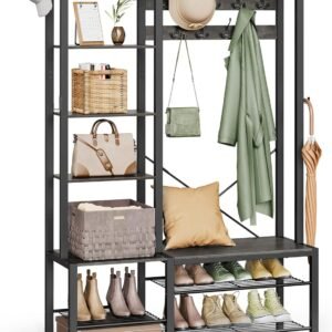VASAGLE Hall Tree with Bench and Shoe Storage, Entryway Coat Rack with Shoe Bench, 5 Storage Shelves, 9 Coat Hooks, 6 Side Hooks, 15.7 x 47.2 x 74.8 Inches, Stone Gray and Ink Black HSR426B04