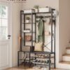 VASAGLE Hall Tree with Bench and Shoe Storage, Entryway Coat Rack with Shoe Bench, 5 Storage Shelves, 9 Coat Hooks, 6 Side Hooks, 15.7 x 47.2 x 74.8 Inches, Stone Gray and Ink Black HSR426B04 - Billede 2