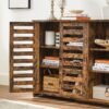 VASAGLE Sideboard Kitchen Cabinet with 2 Slat Doors Adjustable Shelf Freestanding 3 Open Compartments Dining Room 110 x 35 x 75 cm Vintage Brown LBF004X01 - Billede 5