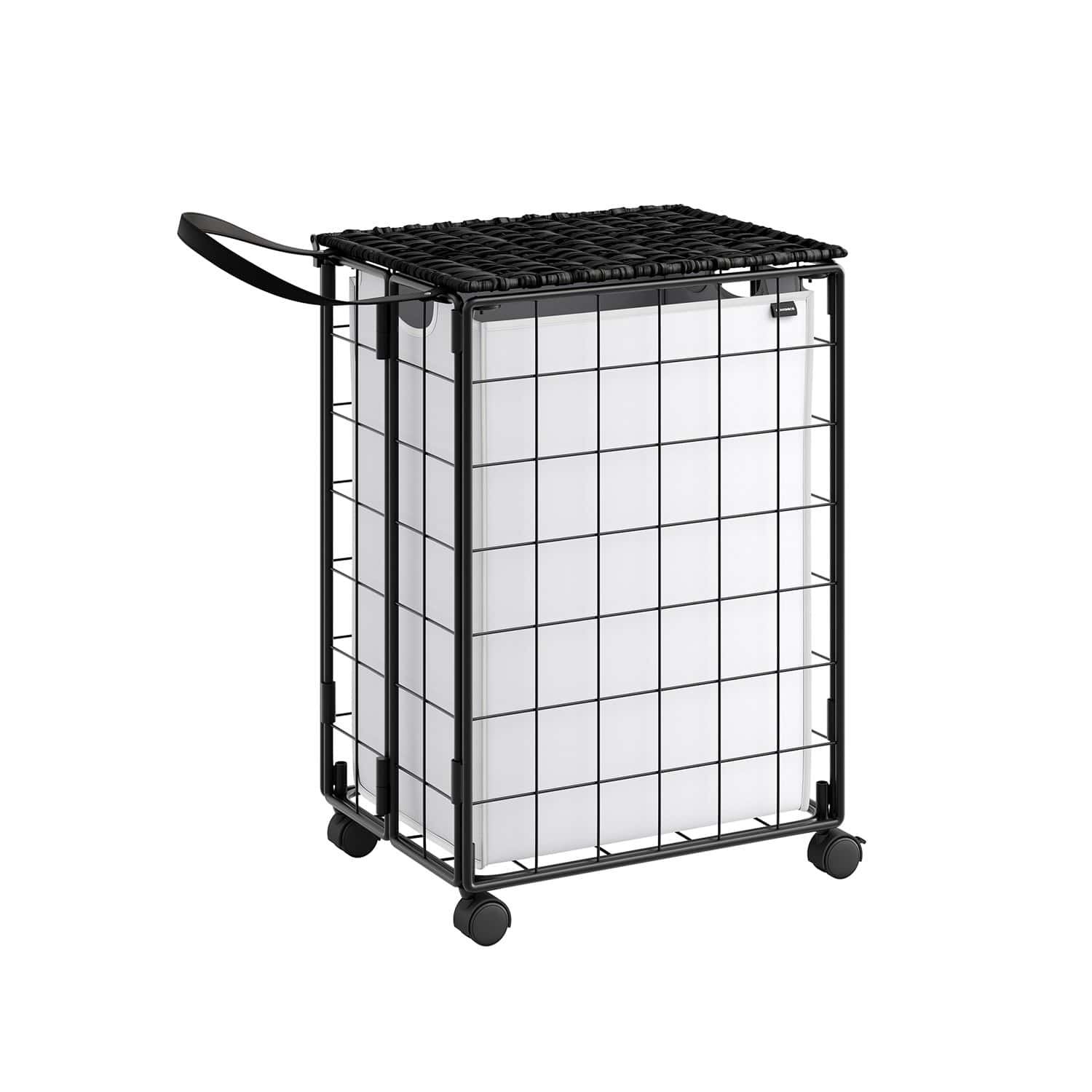 Praktisk foldbar vasketøjskurv med hjul og låg til nem transport.