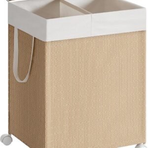 Praktisk vasketøjskurv med 2 rum, naturbeige og hvid, på hjul.