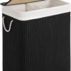 SONGMICS Laundry Basket with Lid, Bamboo Laundry Basket, 2 Sorting Compartments, Removable Bag, Cotton Handles, Volume 100L, for Laundry Room, Bedroom, Black LCB64BK