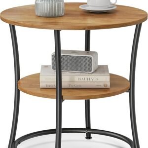 VASAGLE Side Table, Round End Table with 2 Storage Shelves for Living Room, Bedroom, Nightstand with Steel Frame for Small Spaces, Accent Coffee Table, Rustic Walnut and Ink Black