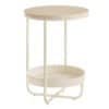 Elegant rundt sidebord med hvid ramme og trætop.