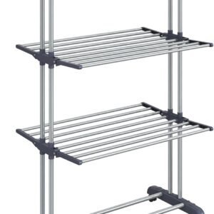 Foldbart tørrestativ med hjul, 4 lag, grå, 63,5x128x173 cm.