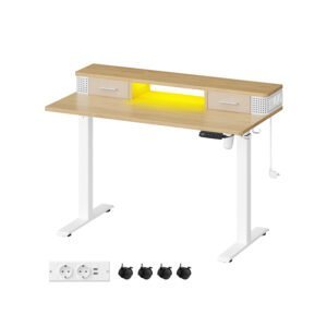Elektrisk skrivebord med opbevaringsskuffer og kabelstyring.