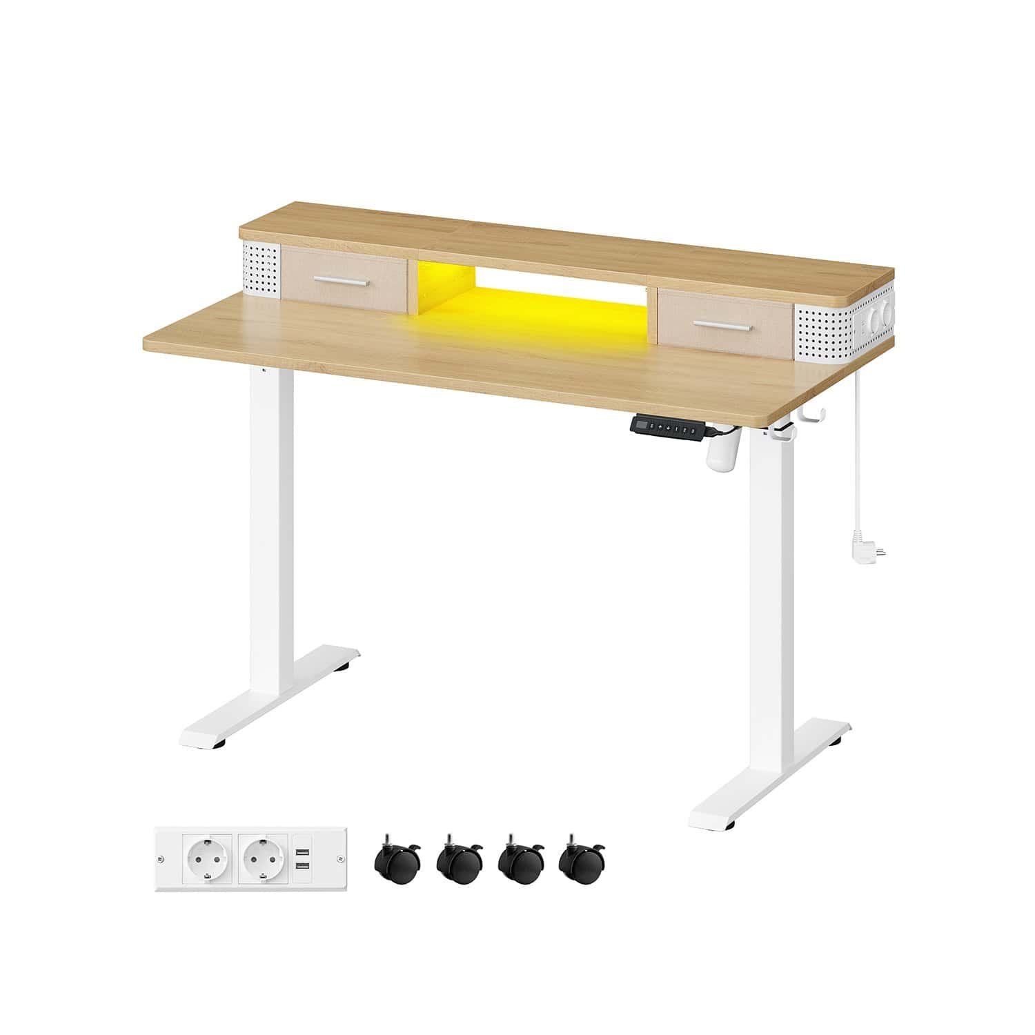 Elektrisk skrivebord med opbevaringsskuffer og kabelstyring.