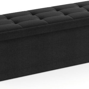 Skammel med opbevaringsplads, foldbar bænk, 38 x 110 x 38 cm fodskammel, opbevaringsboks, blæksort