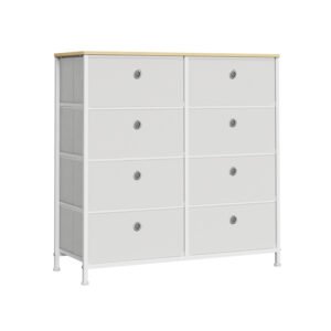 Lysegrå Hvid Stofkommode med 8 Skuffer, Metalramme og Bordplade til Garderobe