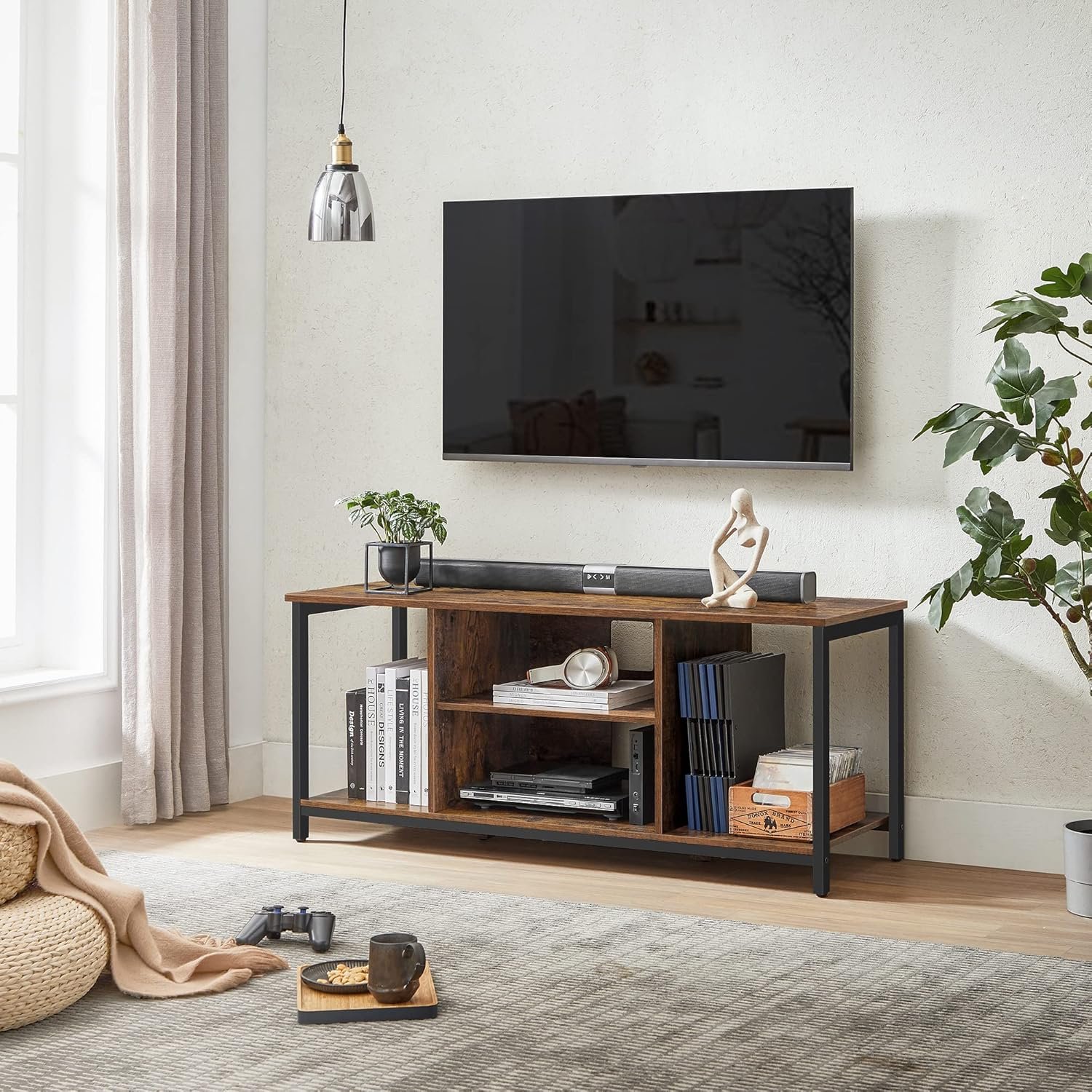 TV-bord til TV op til 60 tommer, TV-skab med åbne hylder, rustik brun og sort 3 TV-bord til TV op til 60 tommer, TV-skab med åbne hylder, rustik brun og sort - Billede 3