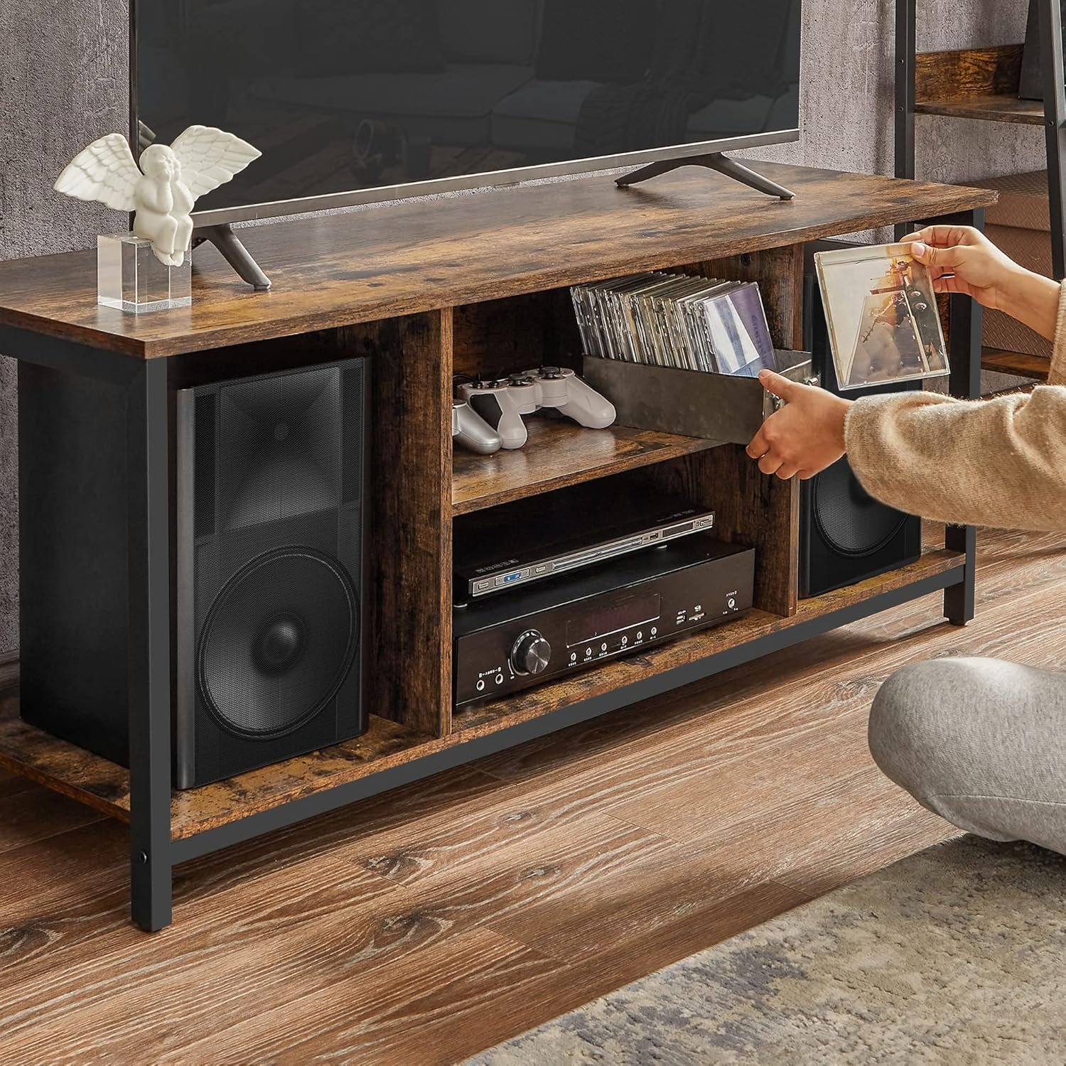 TV-bord til TV op til 60 tommer, TV-skab med åbne hylder, rustik brun og sort 7 TV-bord til TV op til 60 tommer, TV-skab med åbne hylder, rustik brun og sort - Billede 7