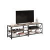 TV stand i industrielt stil med metalramme og træhylder til stue.