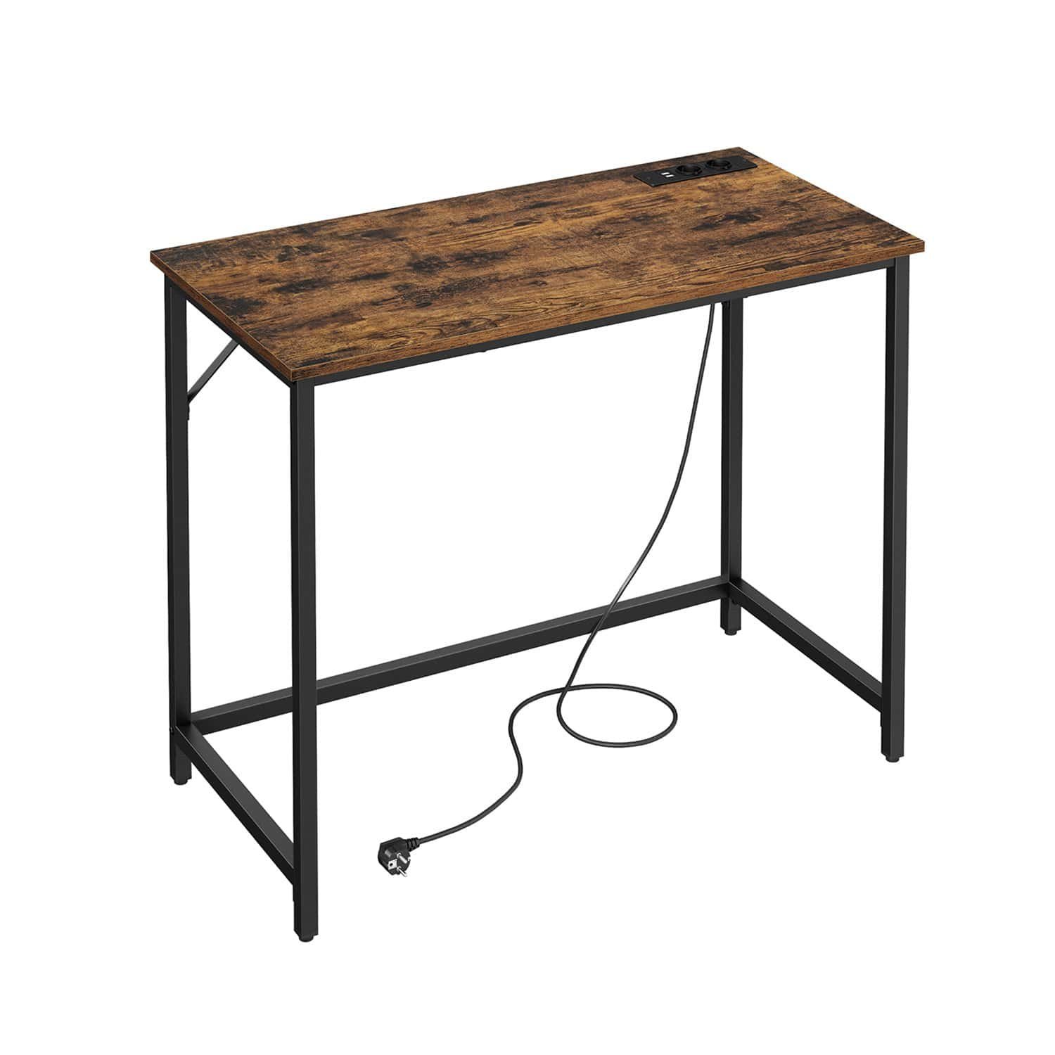VINTAGE Brown-Black computer desk with power strip and cable management.