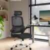 Kontorstol, skrivebordsstol, ergonomisk, foldbare armlæn, høj ryglæn, blæksort - Billede 2