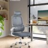 SONGMICS Office Chair, Desk Chair, Ergonomic, Folding Armrests, High Backrest, Mesh Chair with Lumbar Support and Adjustable Headrest, Rocking Function, Dove Grey OBN040G01 - Billede 2