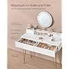 Vasagle makeup vanity with tri-fold mirror, 3 drawers, rustic brown and black steel frame.