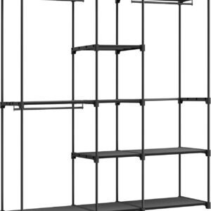 Sort bærbar garderobe med hylder og stænger til tøjopbevaring.