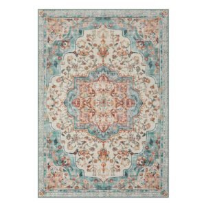 Traditionelt vintage-stil stuetæppe i duegrå med floral mønster.