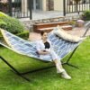 SONGMICS Hammock, Quilted Fabric Hammock with Detachable Curved Bamboo Spreaders, Pillow, 200 x 140 cm, Load Capacity 225 kg, Blue and Beige Rhombus GDC034I02 - Billede 3