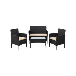 Udendørs balkonmøbel sæt med 4 stole og bord i sort polyrattan.