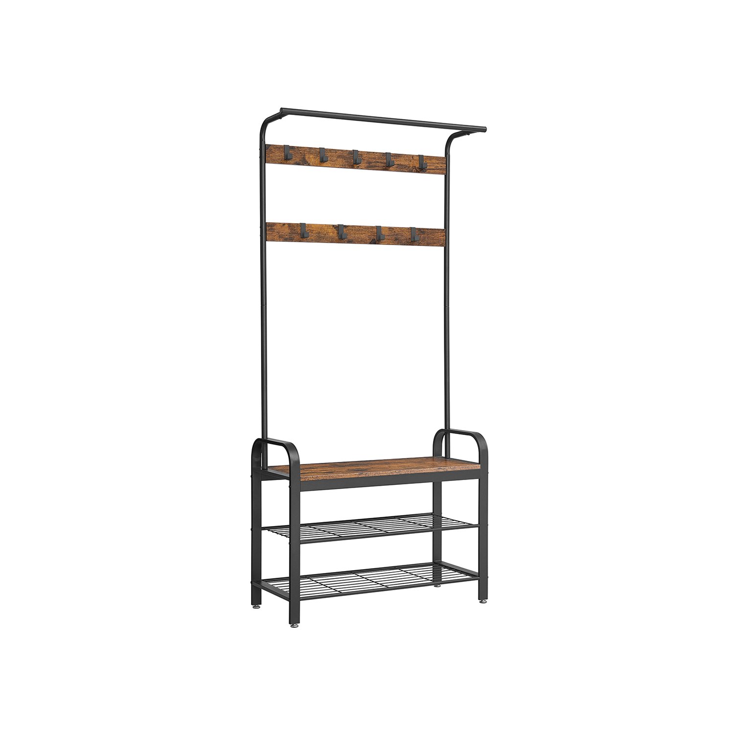 Knagerække med Skoopbevaringsbænk, 4-i-1 Design, 33,7 x 84 x 183 cm, Rustik Brun og Sort 1 Knagerække med Skoopbevaringsbænk, 4-i-1 Design, 33,7 x 84 x 183 cm, Rustik Brun og Sort