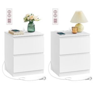 Natborde med stikdåse, sæt med 2 sideborde, 2 AC-stik, 2 USB-A-porte, hvid