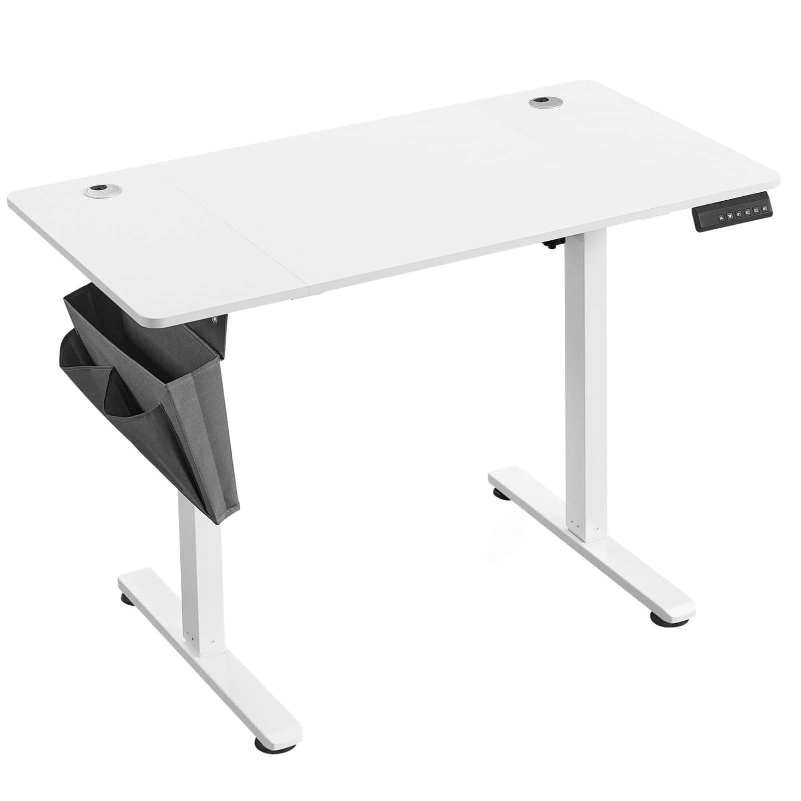 Højdejusterbart hæve-sænkebord i hvid med kontrolpanel.